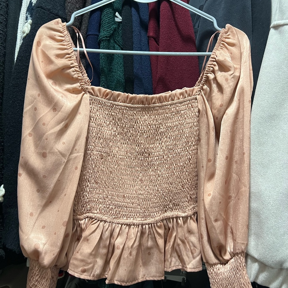 Mine Peach Smocked Blouse with Puff Sleeves